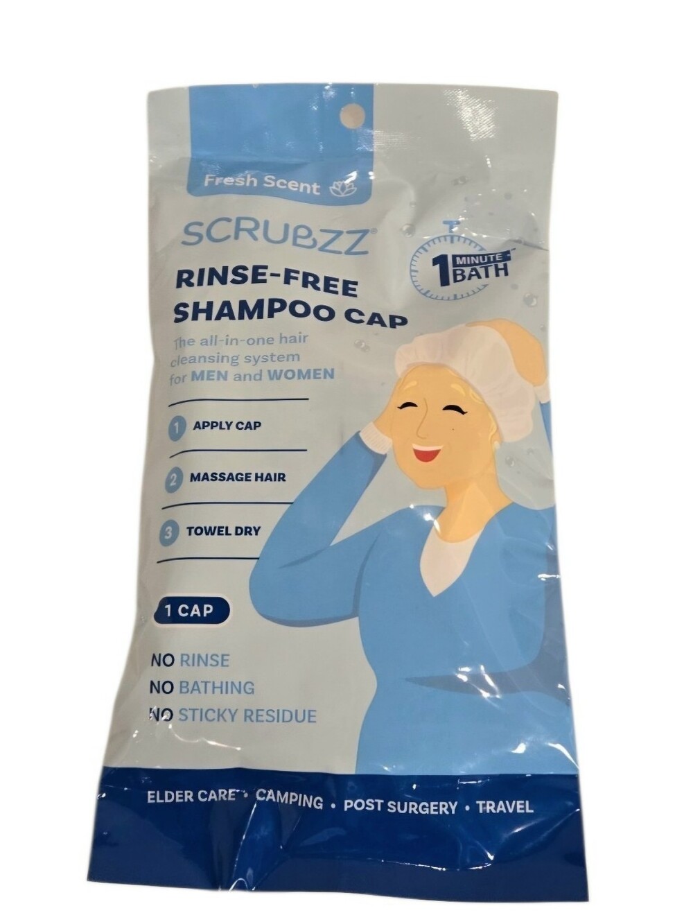 Scrubzz Rinse-Free Shampoo Cap Fresh Scent Elder Care Camping Post-Surgery New